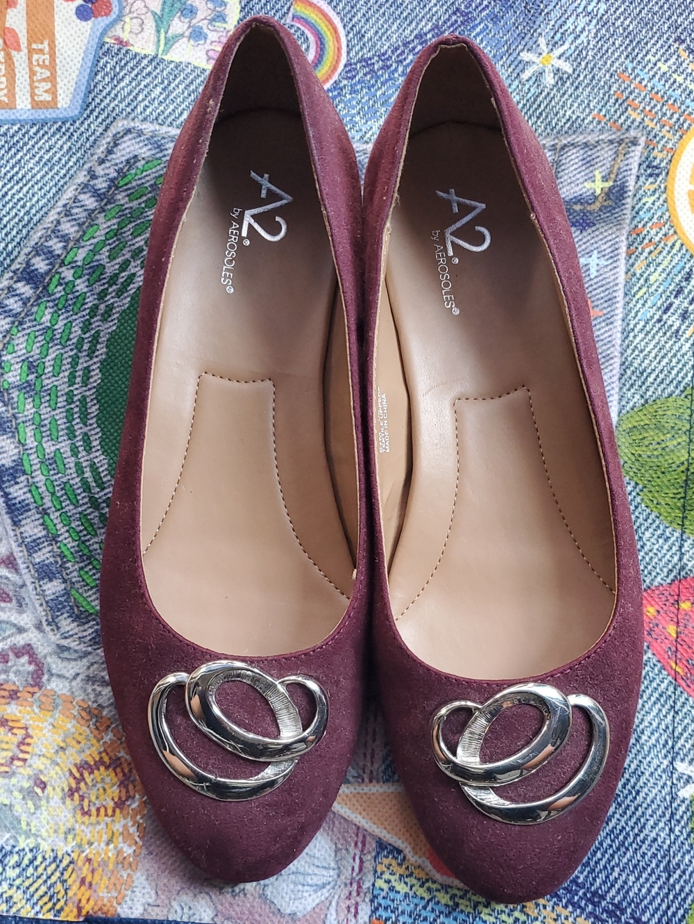 A2 By Aerosoles Burgundy Suede Flats with Silver Interlocking Rings